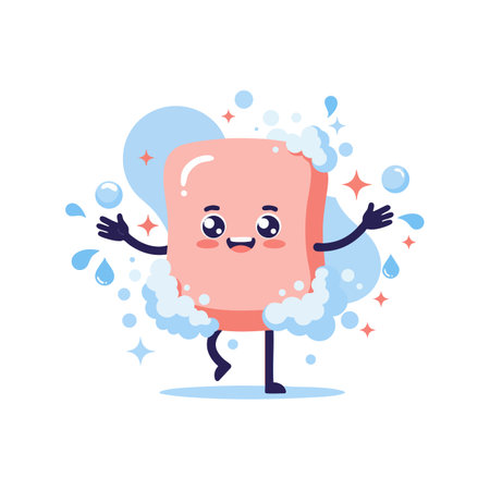 This vector shows a happy soap bar character surrounded by bubbles and water drops, expressing cleanliness and joy in a playful style. Cheerful.のイラスト素材