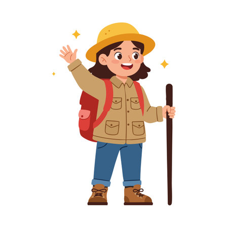 A cheerful young girl waves while hiking outdoors with a walking stick and backpack, enjoying nature and adventure. Bright and lively mood.のイラスト素材