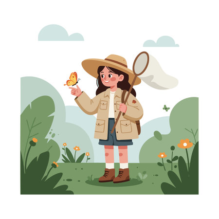 Girl holding a butterfly net catches a butterfly in a green field with flowers and bushes under a cloudy sky, cheerful mood.のイラスト素材