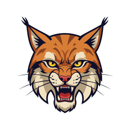 Illustration shows a snarling wild lynx face with sharp teeth and intense yellow eyes, expressing fierce and powerful mood.のイラスト素材