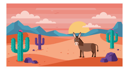 Illustration shows a donkey standing in a desert with cacti, mountains, and a setting sun, creating a peaceful and warm atmosphere.のイラスト素材