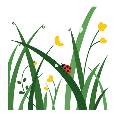 Vector illustration shows a ladybug crawling on green grass blades with yellow flowers, capturing a natural and peaceful outdoor scene. Calm mood.のイラスト素材