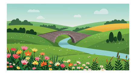 Vector illustration shows stone bridge crossing a stream with colorful flowers and rolling hills under a partly cloudy sky, peaceful mood.のイラスト素材