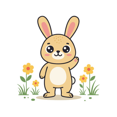 This vector illustration shows a cute cartoon bunny waving with yellow flowers around it on a white background, creating a cheerful mood.のイラスト素材