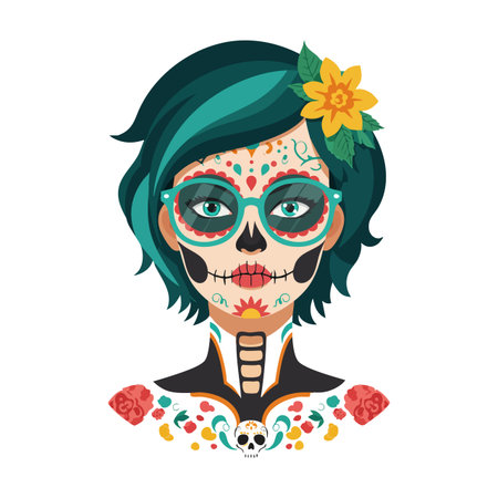 Woman with teal hair and skull face paint wears floral decoration and colorful makeup in Day of the Dead style, celebrating cultural tradition vibrant mood.のイラスト素材
