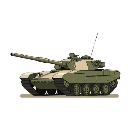 Illustration shows a military tank with camouflage design and long barrel, viewed from the side in a clean style, conveying strength and defense.のイラスト素材