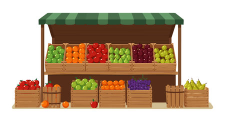 Market stall displays various fresh fruits in wooden crates with natural lighting, creating a vibrant and lively atmosphere. Cheerful and inviting.のイラスト素材