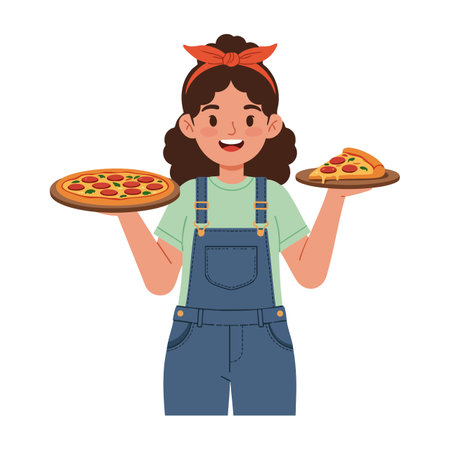 Girl wearing denim overalls and headband holds whole pizza and pizza slice with a cheerful expression, bright flat style. Happy mood.のイラスト素材