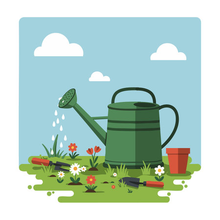 Illustration shows a green watering can watering flowers surrounded by gardening tools and pots under blue sky with clouds in a peaceful garden. Calm mood.のイラスト素材