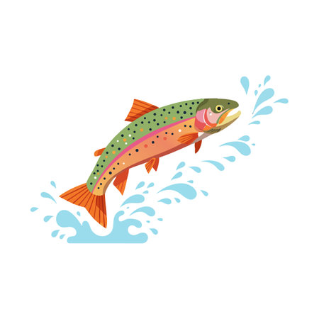 Illustration shows a rainbow trout fish leaping from water with splashes, capturing the natural aquatic life in a bright and lively mood.のイラスト素材