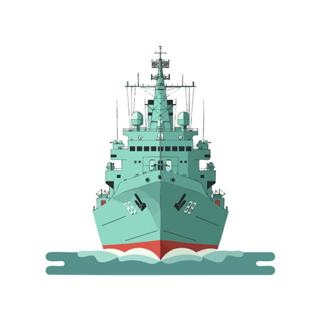 Illustration shows a military warship vessel from the front with radar and antennas on calm water. The style is clean and technical, peaceful.のイラスト素材