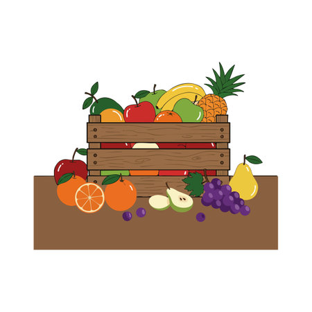 This vector shows a fresh assortment of fruits including apples, bananas, pineapple, grapes, and pears in a wooden crate on a table, cheerful.のイラスト素材