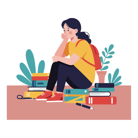 A student sits thoughtfully on the floor surrounded by books, a pen, and a potted plant, conveying a focused and reflective mood.のイラスト素材