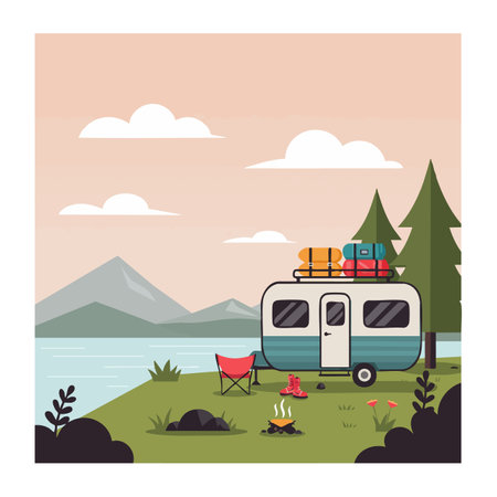 Camping trailer with luggage on roof sits near a campfire by a lake with pine trees and mountains under pastel sky, peaceful mood.のイラスト素材