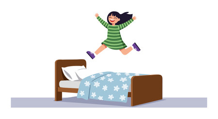 Illustration shows a girl in striped pajamas happily jumping on a bed with floral blanket in cozy indoor setting, evoking cheerful mood.のイラスト素材