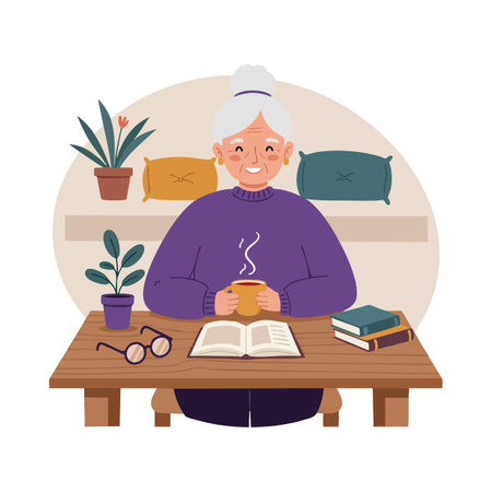 Elderly woman sits at wooden table reading a book and holding a steaming cup of tea in a cozy home environment. Calm and peaceful mood.のイラスト素材