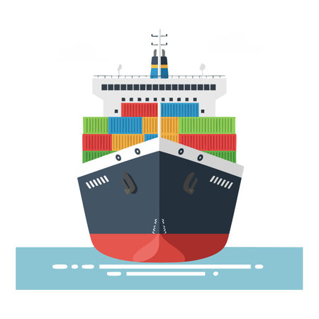 Front view of a cargo ship carrying multicolored containers on a calm sea surface in a flat vector style, conveying a sense of stability.のイラスト素材
