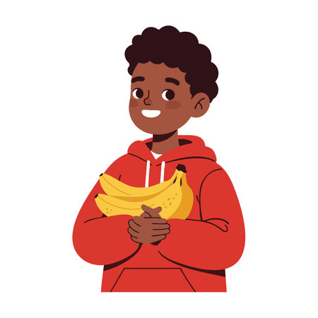 Young boy in red hoodie holds a bunch of fresh yellow bananas with a cheerful expression, bright and simple vector style. Happy scene.のイラスト素材
