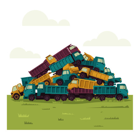 Vector illustration shows multiple colorful dump trucks stacked on top of each other on a grassy field under a cloudy sky, playful and fun.のイラスト素材