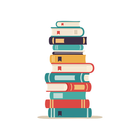 Illustration shows a vertical stack of colorful books with bookmarks in a flat style, conveying knowledge and learning mood.のイラスト素材