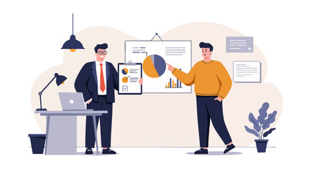 Two business professionals present financial charts in a modern office setting with laptop and plant, conveying teamwork and productivity in a focused mood.のイラスト素材