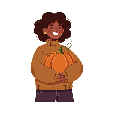 Woman smiles warmly while holding a large orange pumpkin dressed in a cozy sweater, evoking autumn harvest and warmth mood.のイラスト素材