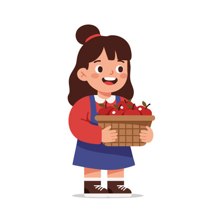 A happy girl carries a basket full of apples in a colorful outfit, standing in a simple background. Cheerful mood.のイラスト素材
