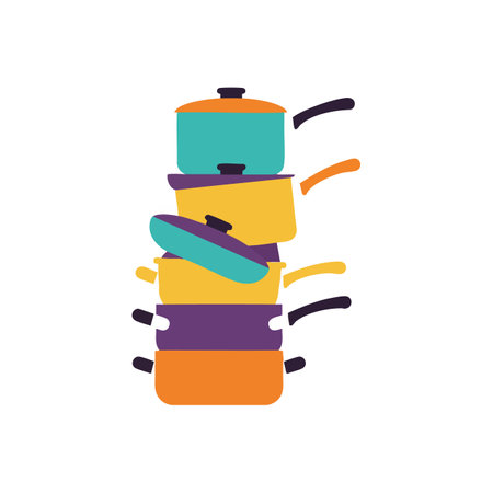 This vector illustration shows a stack of colorful cooking pots with lids and handles, arranged vertically in a playful style, cheerful mood.のイラスト素材