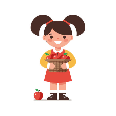 Young girl with brown hair in pigtails holds a basket full of red apples with one apple on the ground. Cheerful mood.のイラスト素材