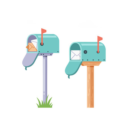 Two blue mailboxes with red flags and white envelopes stand on wooden and metal posts with grass, showing postal communication in a calm scene.のイラスト素材