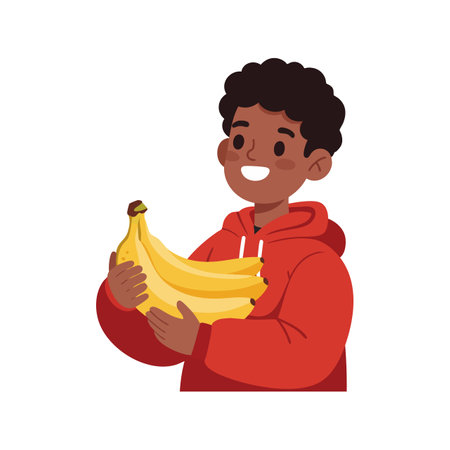 Young boy in a red hoodie holds a bunch of ripe yellow bananas with a happy expression in a bright, cheerful vector style. Joyful mood.のイラスト素材