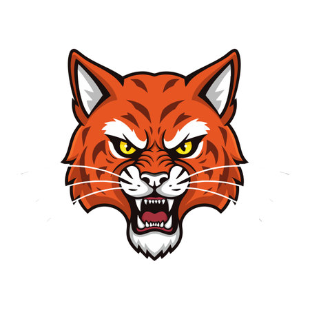 Illustration shows a fierce wild tiger head snarling with sharp teeth and yellow eyes in a bold cartoon style. Intense and dynamic mood.のイラスト素材