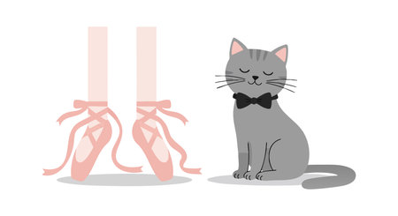 Vector shows gray cat wearing black bow tie sitting beside ballet dancer legs in pink pointe shoes, creating charming and elegant scene. Calm mood.のイラスト素材