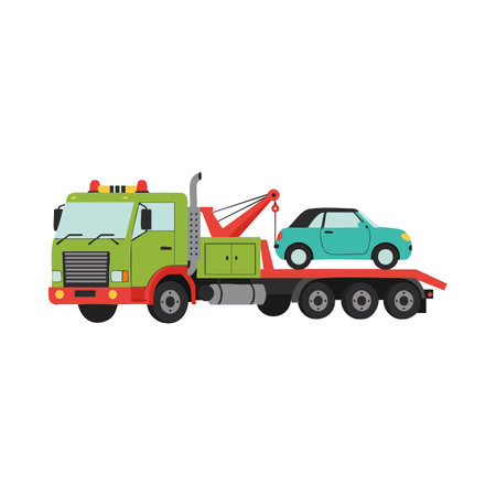 Illustration shows a green tow truck transporting a small blue car on a flatbed under clear lighting. The scene is clean and simple. Calm.のイラスト素材
