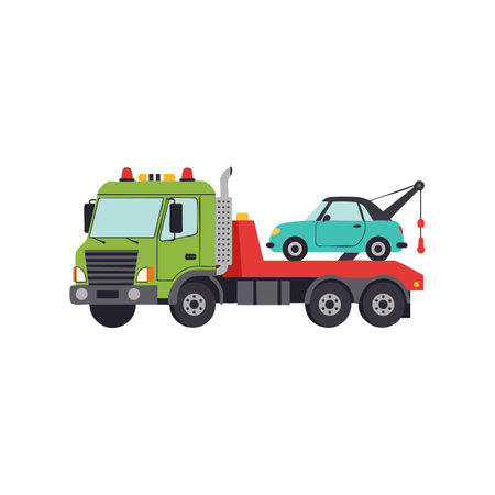 Illustration shows a green tow truck transporting a small blue car, emphasizing vehicle recovery and roadside assistance, bright and clear.のイラスト素材