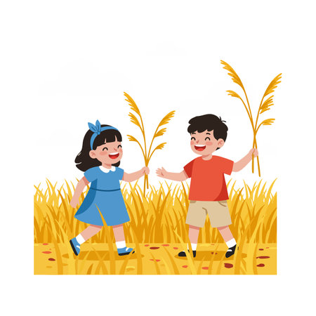 Two children play joyfully in a golden wheat field holding stalks during daytime, creating a cheerful and lively mood.のイラスト素材