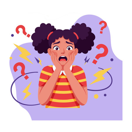 Illustration shows a young girl with curly hair expressing confusion and worry surrounded by question marks and lightning bolts in vibrant colors. Anxious mood.のイラスト素材