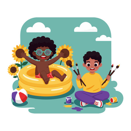 Two children enjoy summer playing in a pool and painting outdoors with sunflowers under clear sky, creating a joyful mood.のイラスト素材
