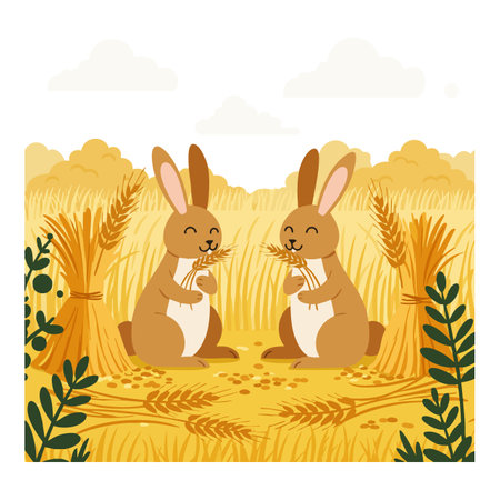Two rabbits sit in a golden wheat field eating ears of wheat with green plants around under cloudy sky in warm scene. Calm mood.のイラスト素材