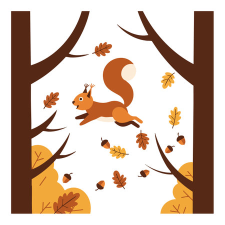 Vector illustration shows a squirrel jumping between two trees with falling brown and yellow autumn leaves and acorns. Cheerful mood.のイラスト素材