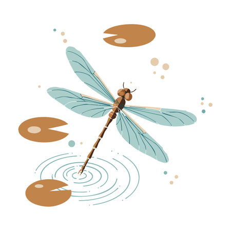 Dragonfly with translucent blue wings hovers above rippling water surrounded by brown lily pads in a...