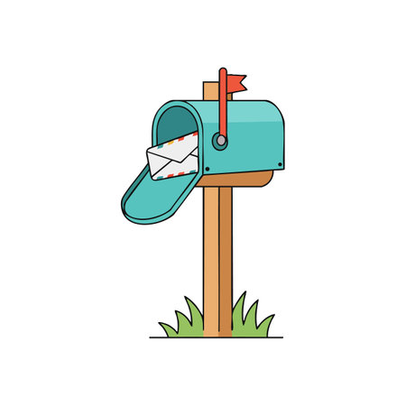 Illustration shows a blue mailbox with an open door containing an envelope on a wooden post surrounded by grass, conveying a simple calm mood.のイラスト素材