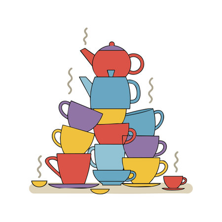 Illustration shows colorful stacked teapots and steaming teacups in red, yellow, blue, and purple, creating a warm, inviting atmosphere. Calm mood.のイラスト素材
