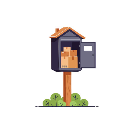 Vector illustration shows an outdoor parcel mailbox with an open door revealing several cardboard boxes inside in a clean style. Calm.のイラスト素材