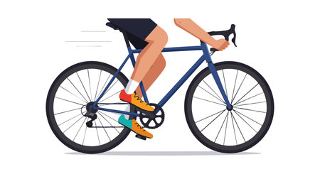 Image shows a cyclist riding a blue road bike wearing orange shoes and black shorts in dynamic motion. Energetic and active mood.のイラスト素材