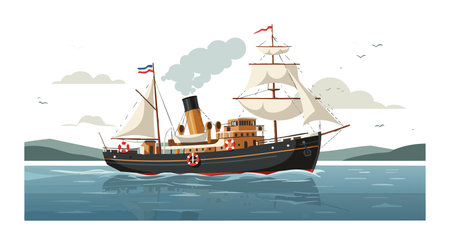 Vintage steamship sails on calm water with distant hills under a cloudy sky in a peaceful scene. Calm and nostalgic mood.のイラスト素材