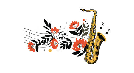 Vector illustration shows a saxophone with black musical notes and orange flowers flowing with leaves in a lively artistic style. Cheerful mood.のイラスト素材