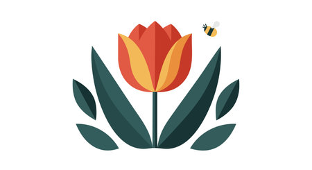 A red and yellow tulip flower with dark green leaves and a flying bee is shown in a simple vector style. The image feels calm and natural.のイラスト素材