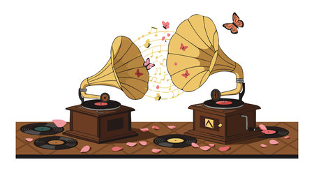 Two vintage gramophones play vinyl records with musical notes and butterflies flying around, creating a nostalgic and charming atmosphere.のイラスト素材