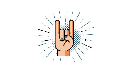 Vector illustration of a hand showing the rock sign with radiating lines and dot pattern in a simple style. Energetic mood.のイラスト素材